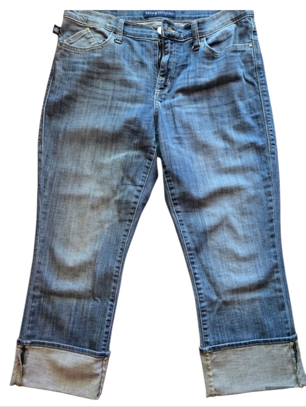 Rock & Republic Light Blue Cuffed Cropped Jeans Angel Wing Flap Pockets Sz 12